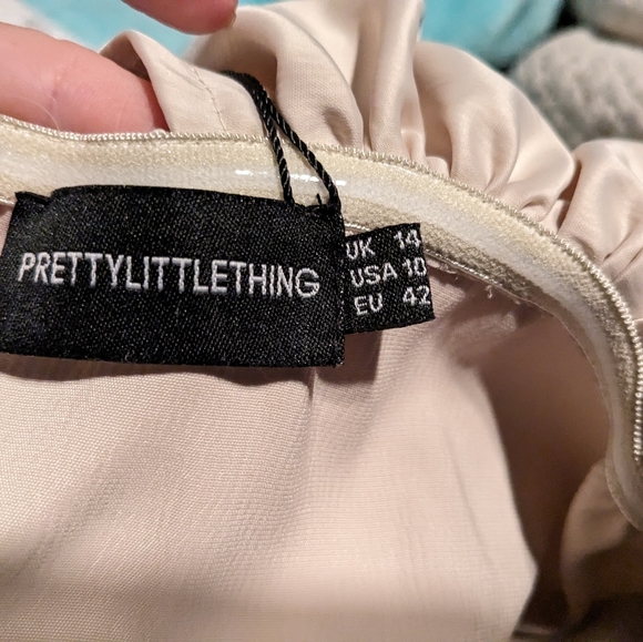 New Champagne Satin Drape Bardot Sleeve Ruched Back Bodycon Dress Size 10 - Picture 8 of 8